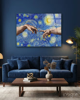 Van Gogh Tarzında Tanrı ve Adem'in Elleri Cam Tablo