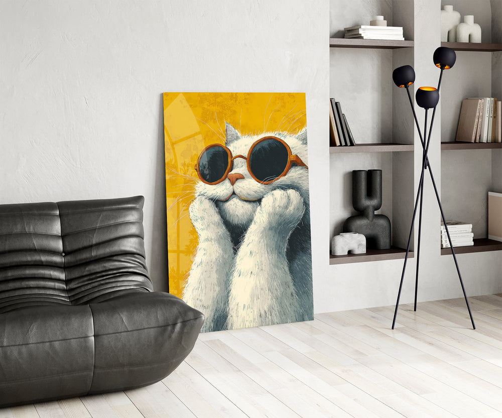 Güneş Gözlüklü Havalı Kedi Cam Tablo