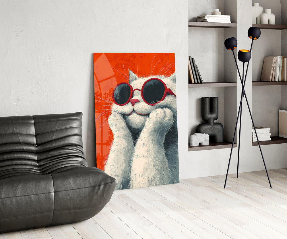 Güneş Gözlüklü Havalı Kedi Cam Tablo