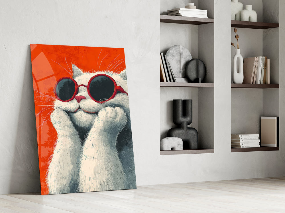 Güneş Gözlüklü Havalı Kedi Cam Tablo