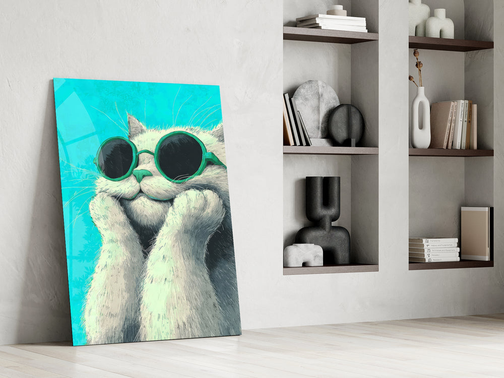 Güneş Gözlüklü Havalı Kedi Cam Tablo