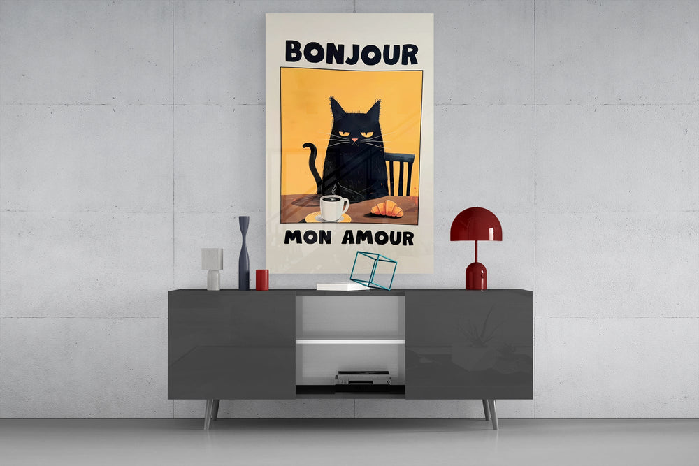 Bonjour Kedi Kahvaltısı Cam Tablo