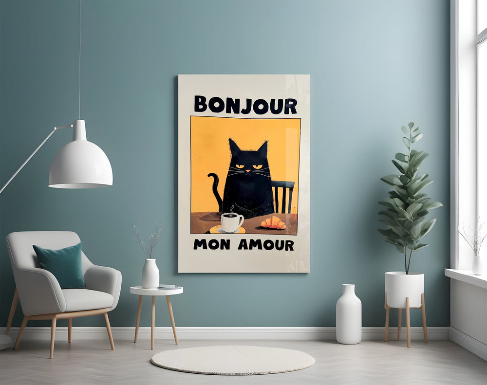 Bonjour Kedi Kahvaltısı Cam Tablo