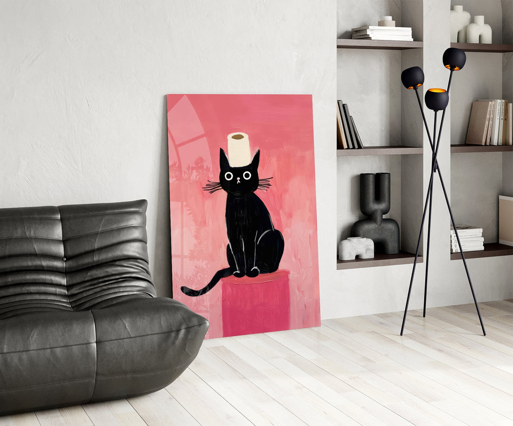 Siyah Kedi ve Tuvalet Kâğıdı Cam Tablo