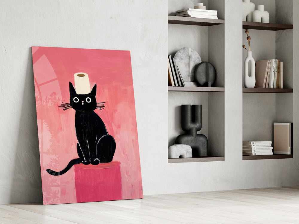 Siyah Kedi ve Tuvalet Kâğıdı Cam Tablo