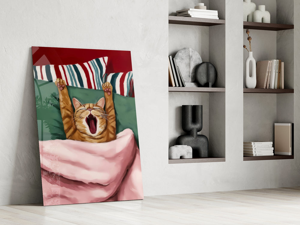 Yatakta Esneyen Kedi Cam Tablo