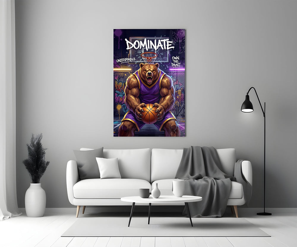 Dominate Grizzly Bear Basketball Glass Wall Art