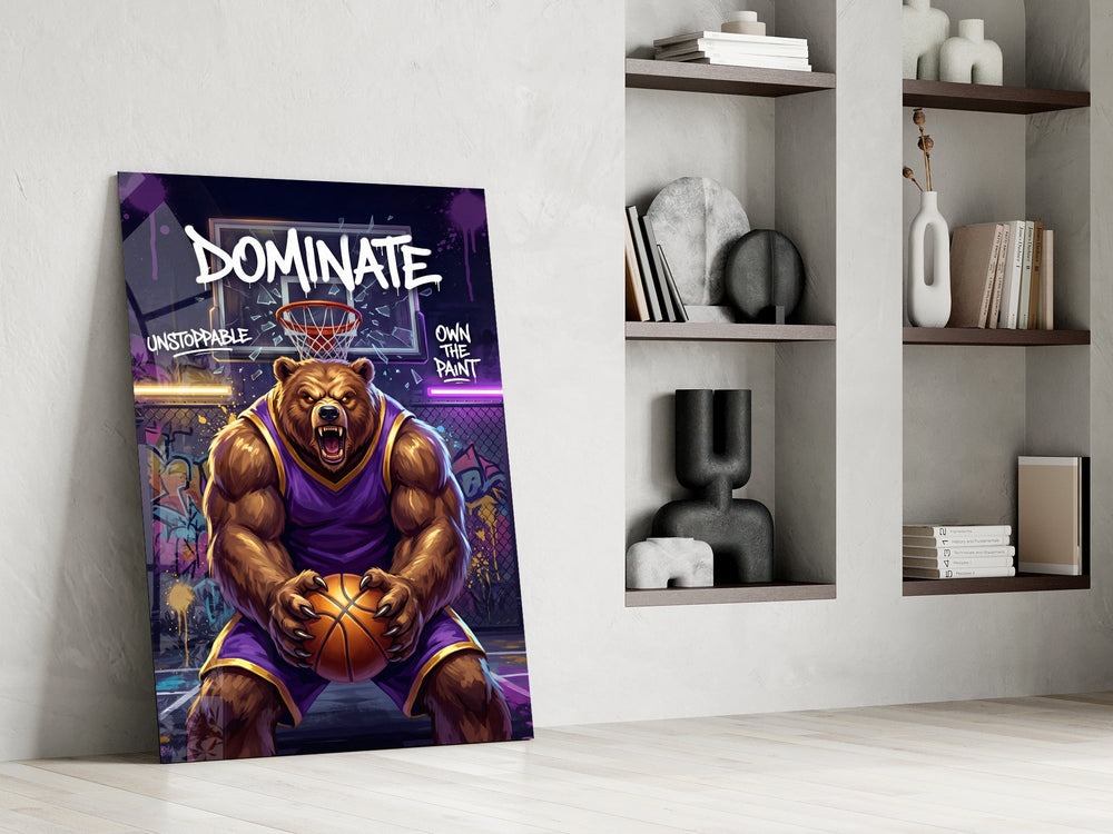 Dominate Grizzly Bear Basketball Glass Wall Art