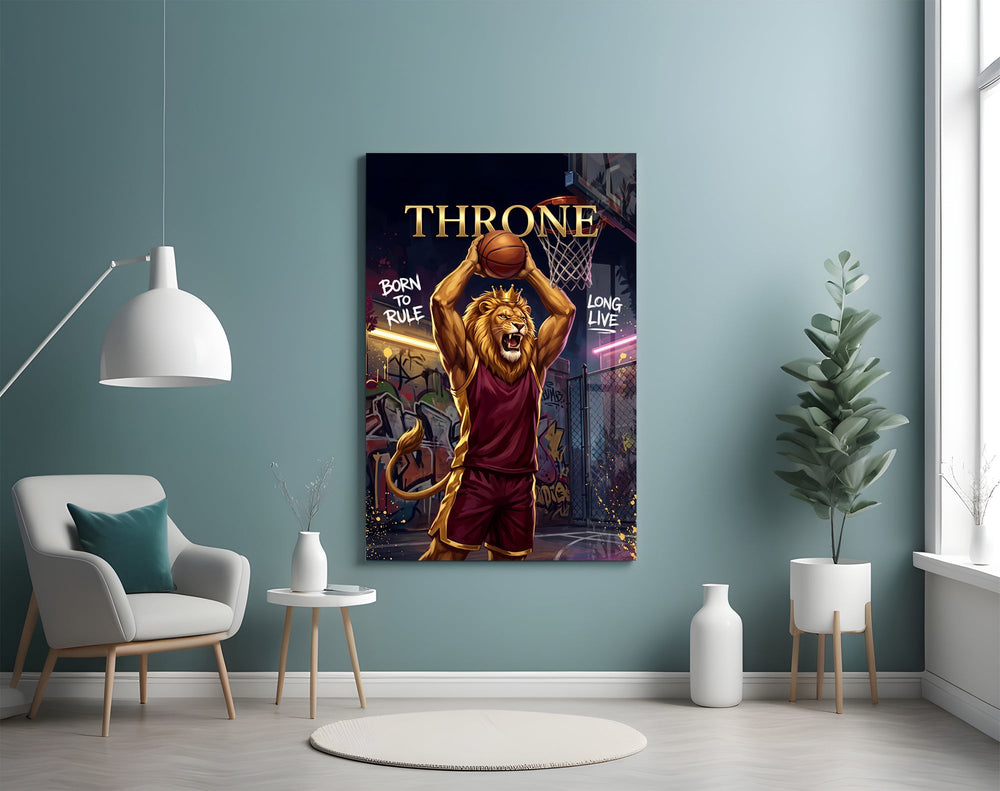 Throne Crowned Lion Basketball Glass Wall Art