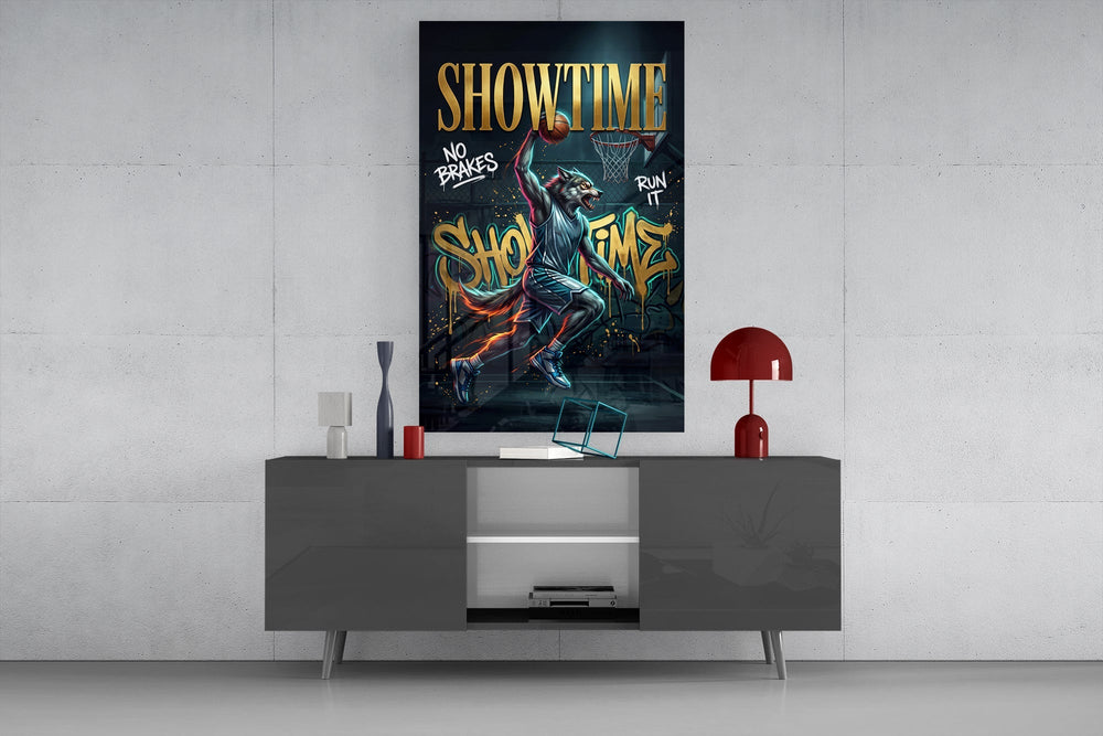 Showtime Wolf Streetball Dunk Glass Wall Art
