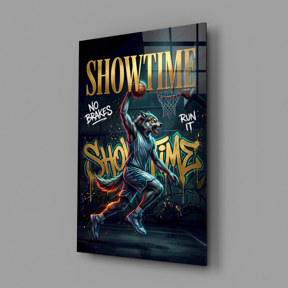 Showtime Wolf Streetball Dunk Glass Wall Art