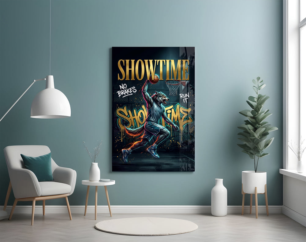 Showtime Wolf Streetball Dunk Glass Wall Art
