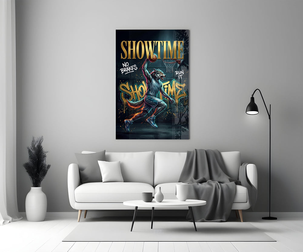 Showtime Wolf Streetball Dunk Glass Wall Art