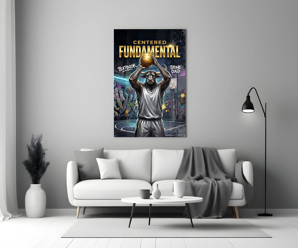 Fundamental Bull Basketball Street Court Glass Wall Art