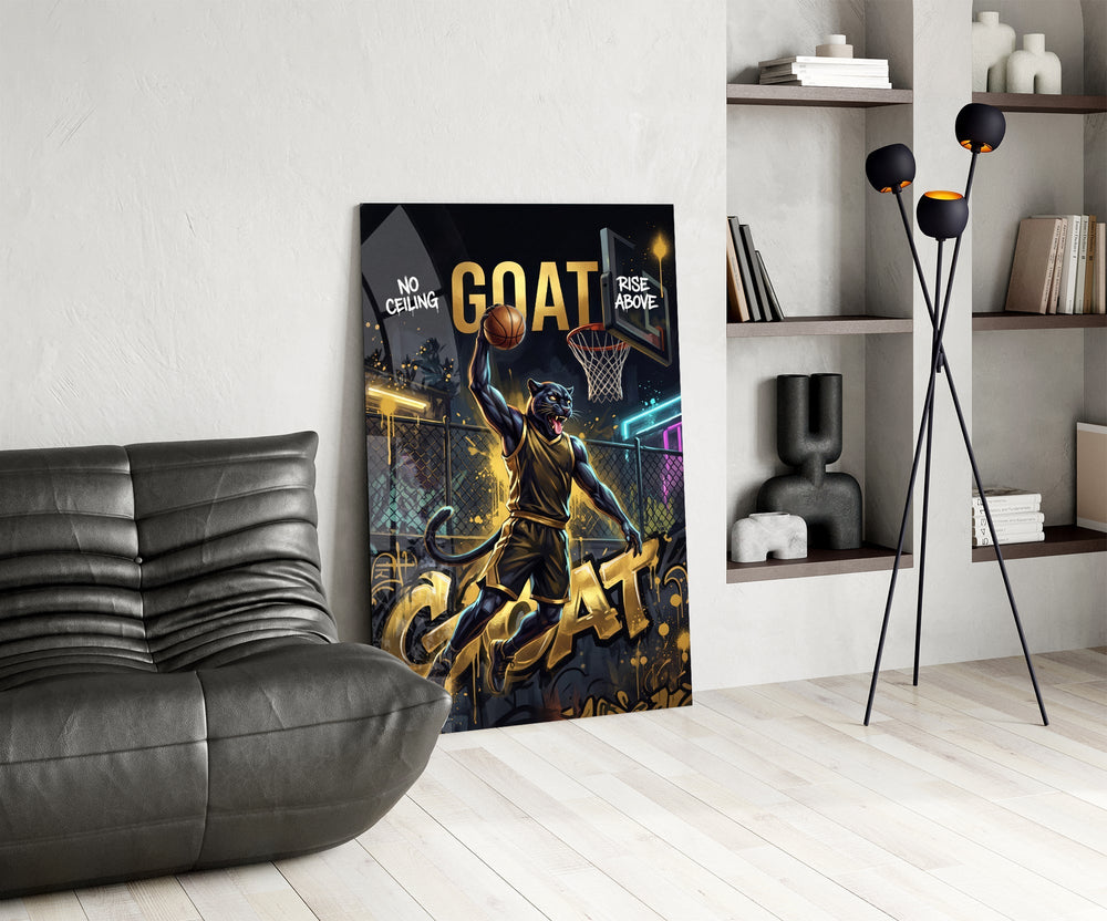 GOAT Panther Slam Dunk Basketball Glass Wall Art