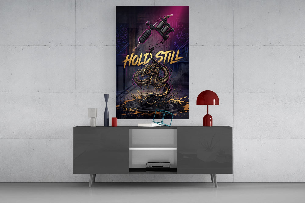 Hold Still Tattoo Machine Gold Dragon Glass Wall Art