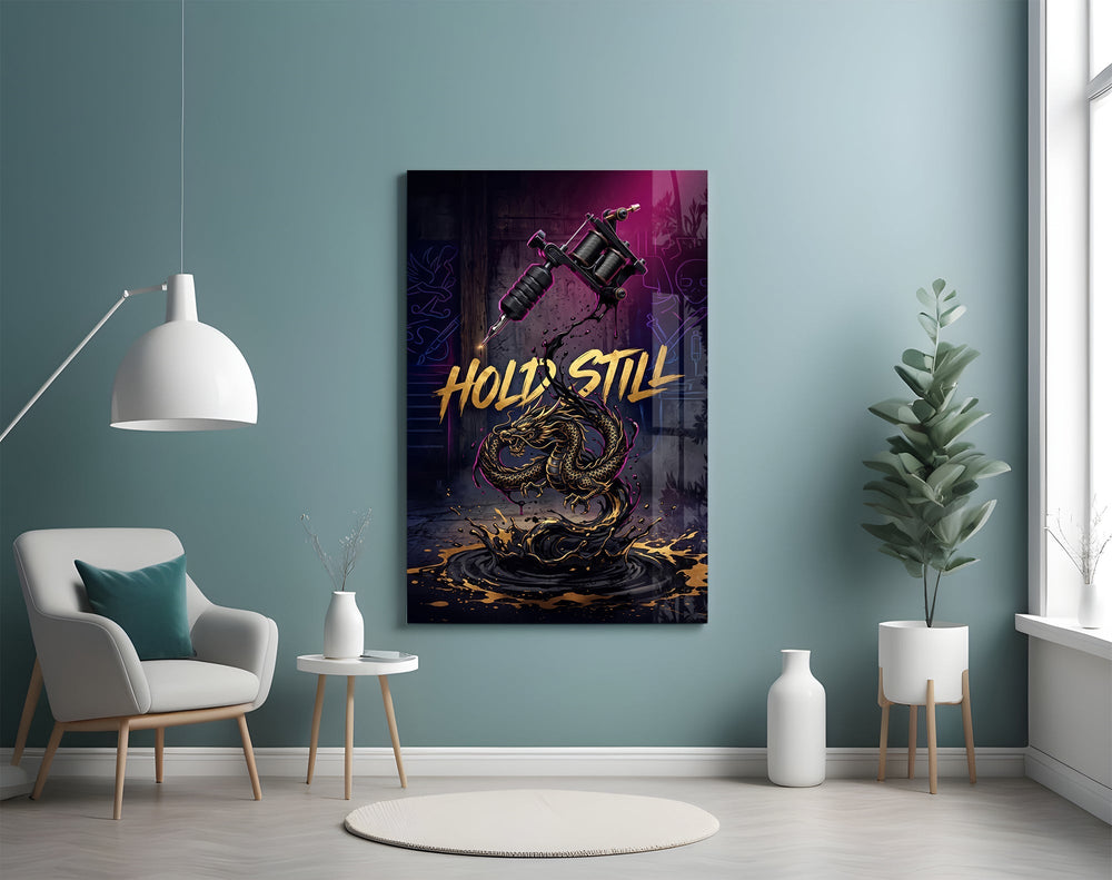 Hold Still Tattoo Machine Gold Dragon Glass Wall Art