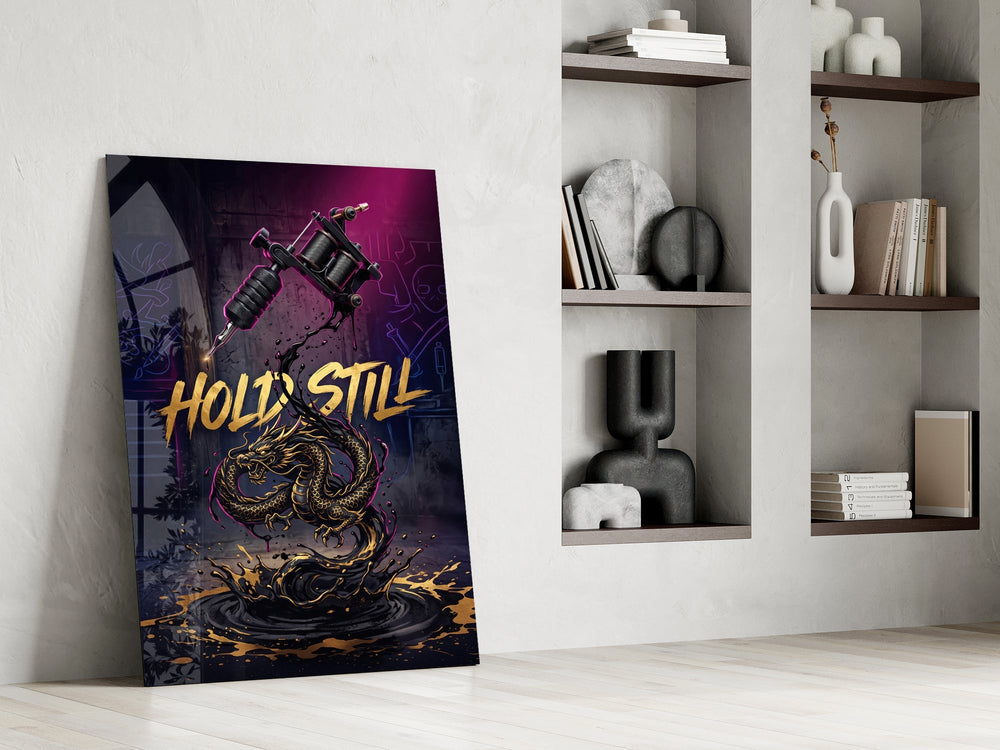 Hold Still Tattoo Machine Gold Dragon Glass Wall Art