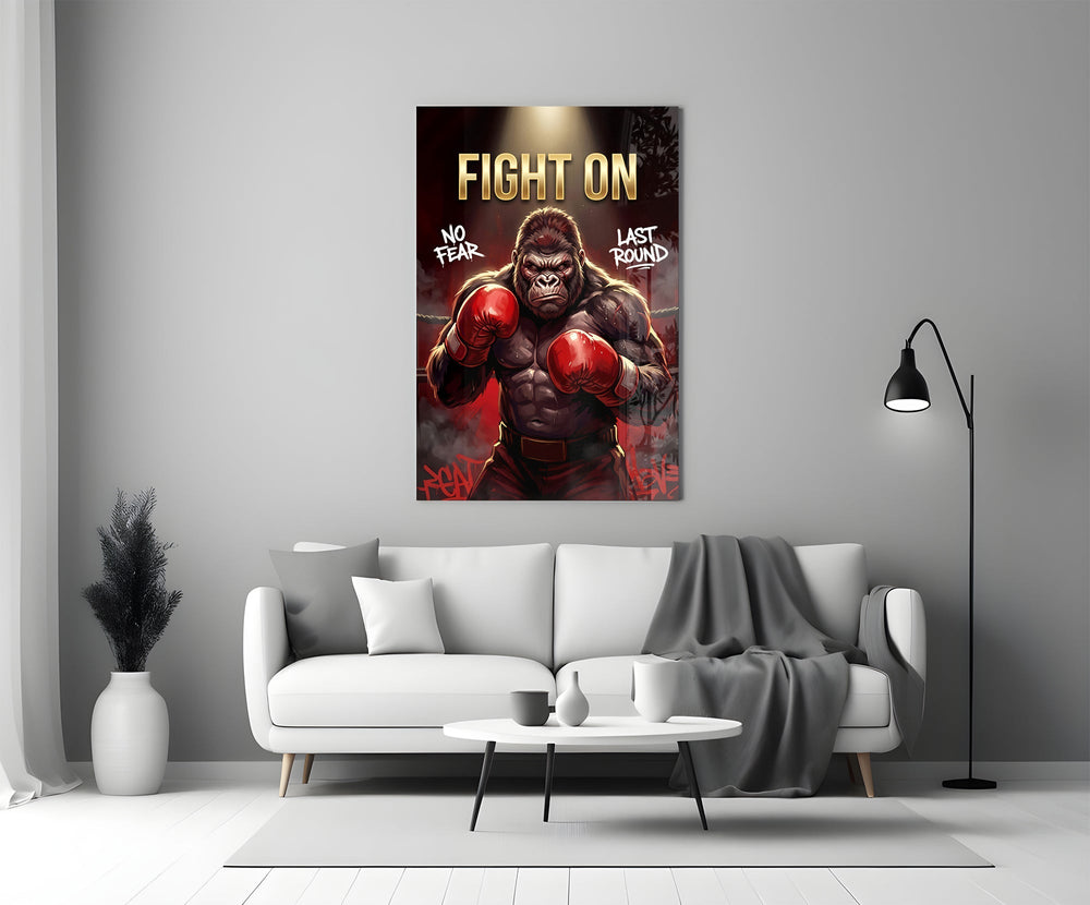 Fight On Gorilla Boxer Red Gloves Glass Wall Art