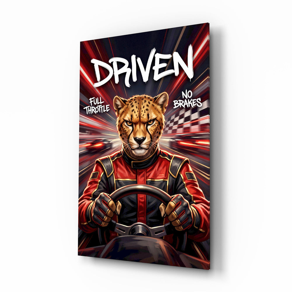 Driven Cheetah Race Car Driver Glass Wall Art