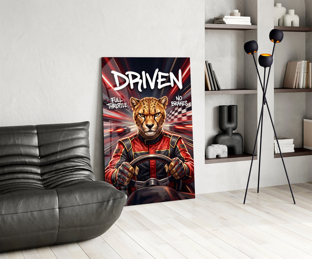 Driven Cheetah Race Car Driver Glass Wall Art