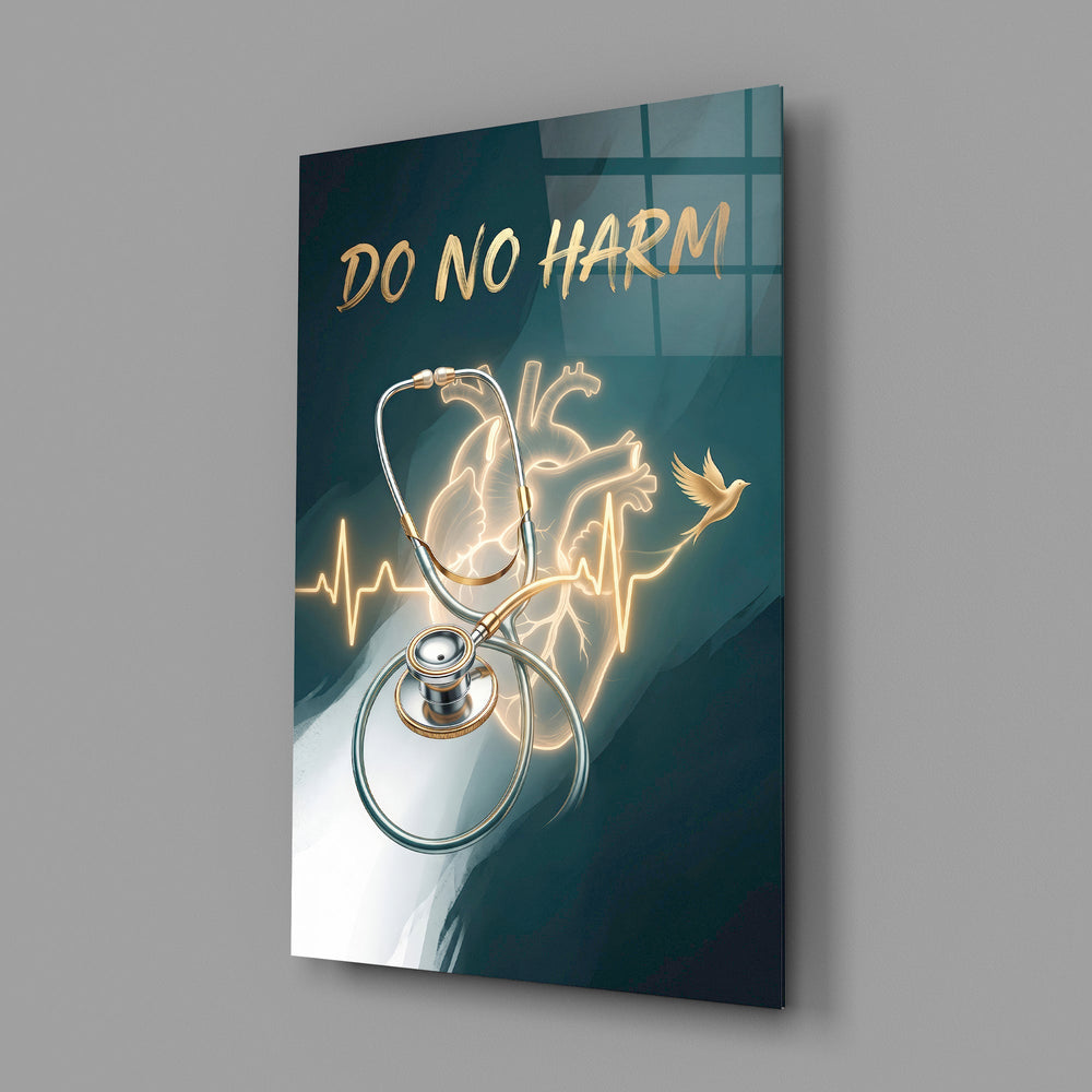 Do No Harm Stethoscope Golden Heart Glass Wall Art