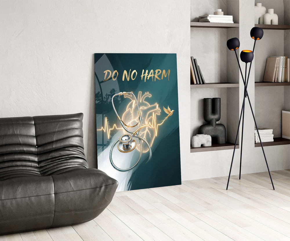 Do No Harm Stethoscope Golden Heart Glass Wall Art
