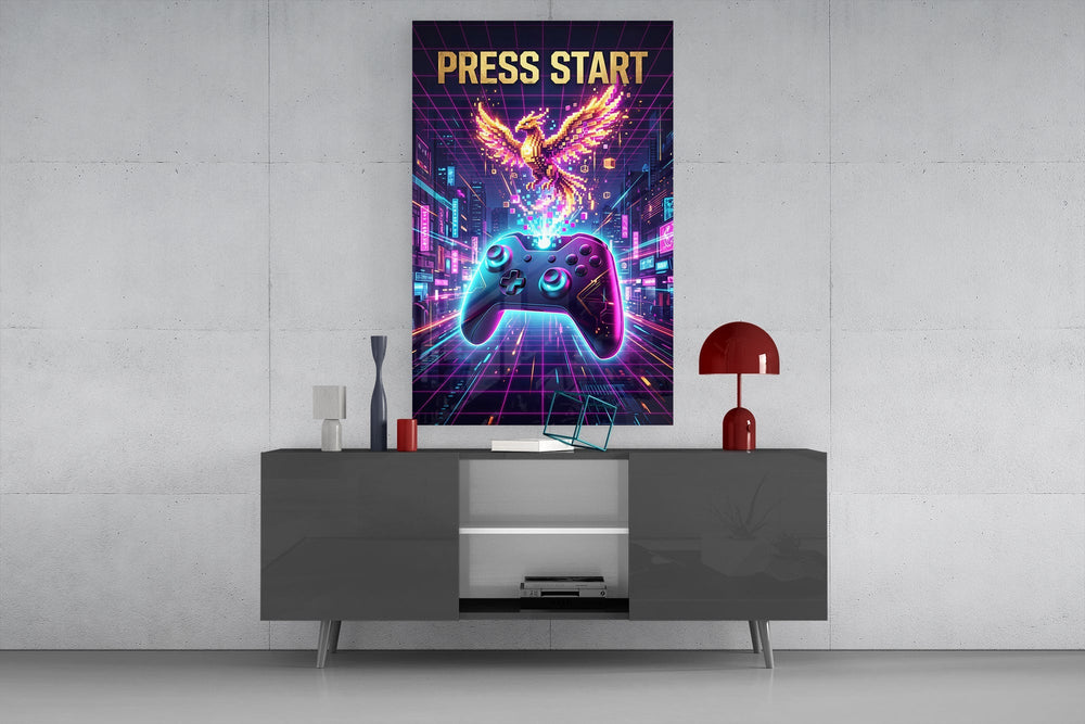 Press Start Neon Phoenix Gaming Glass Wall Art