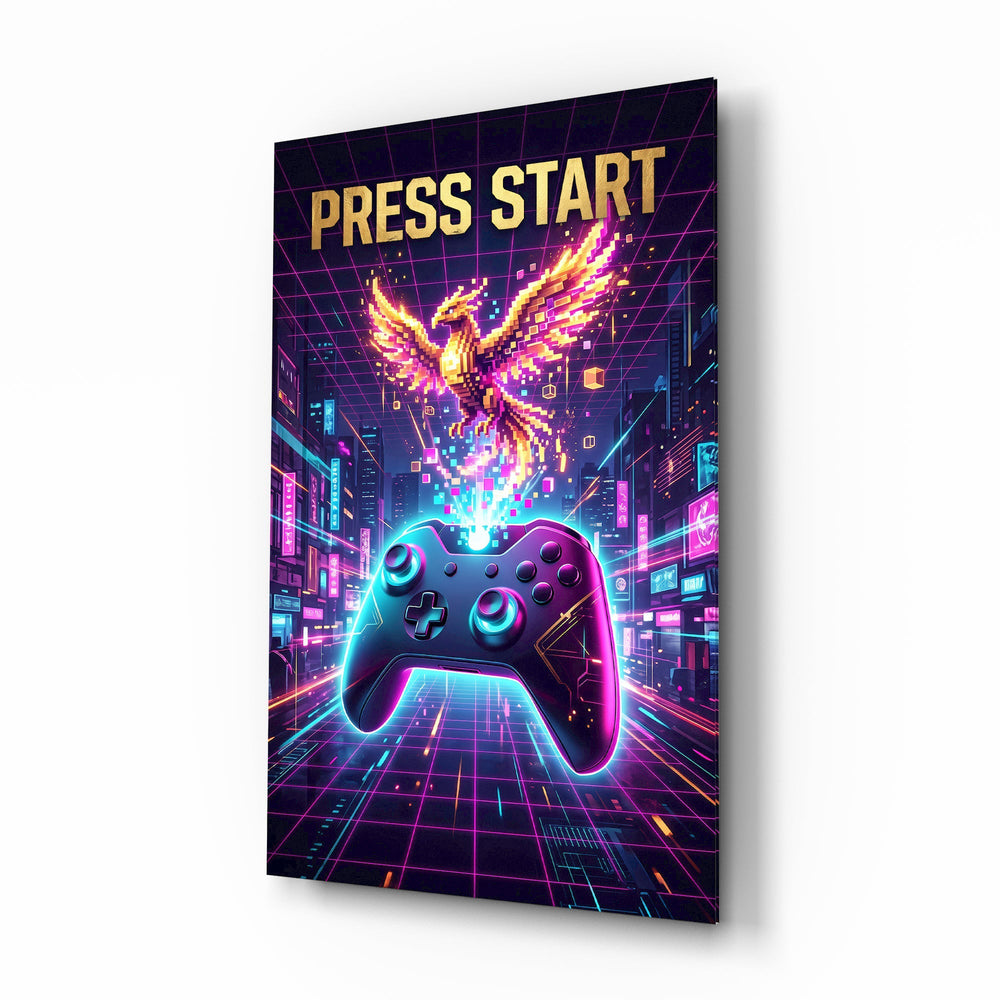 Press Start Neon Phoenix Gaming Glass Wall Art