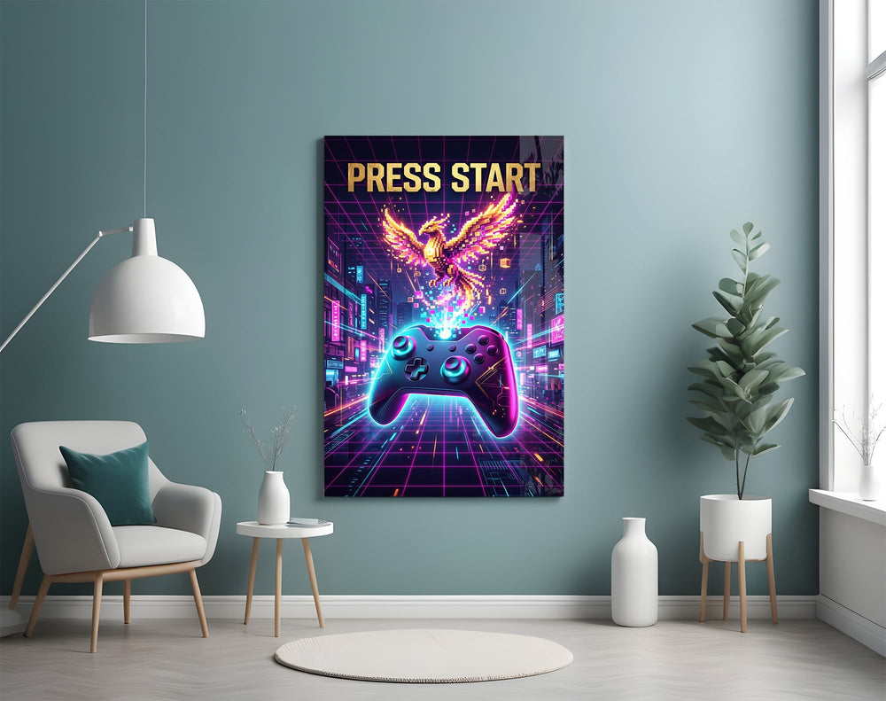 Press Start Neon Phoenix Gaming Glass Wall Art