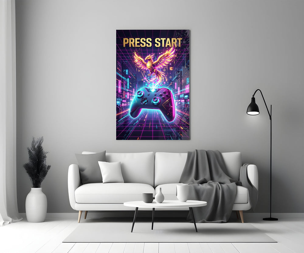 Press Start Neon Phoenix Gaming Glass Wall Art