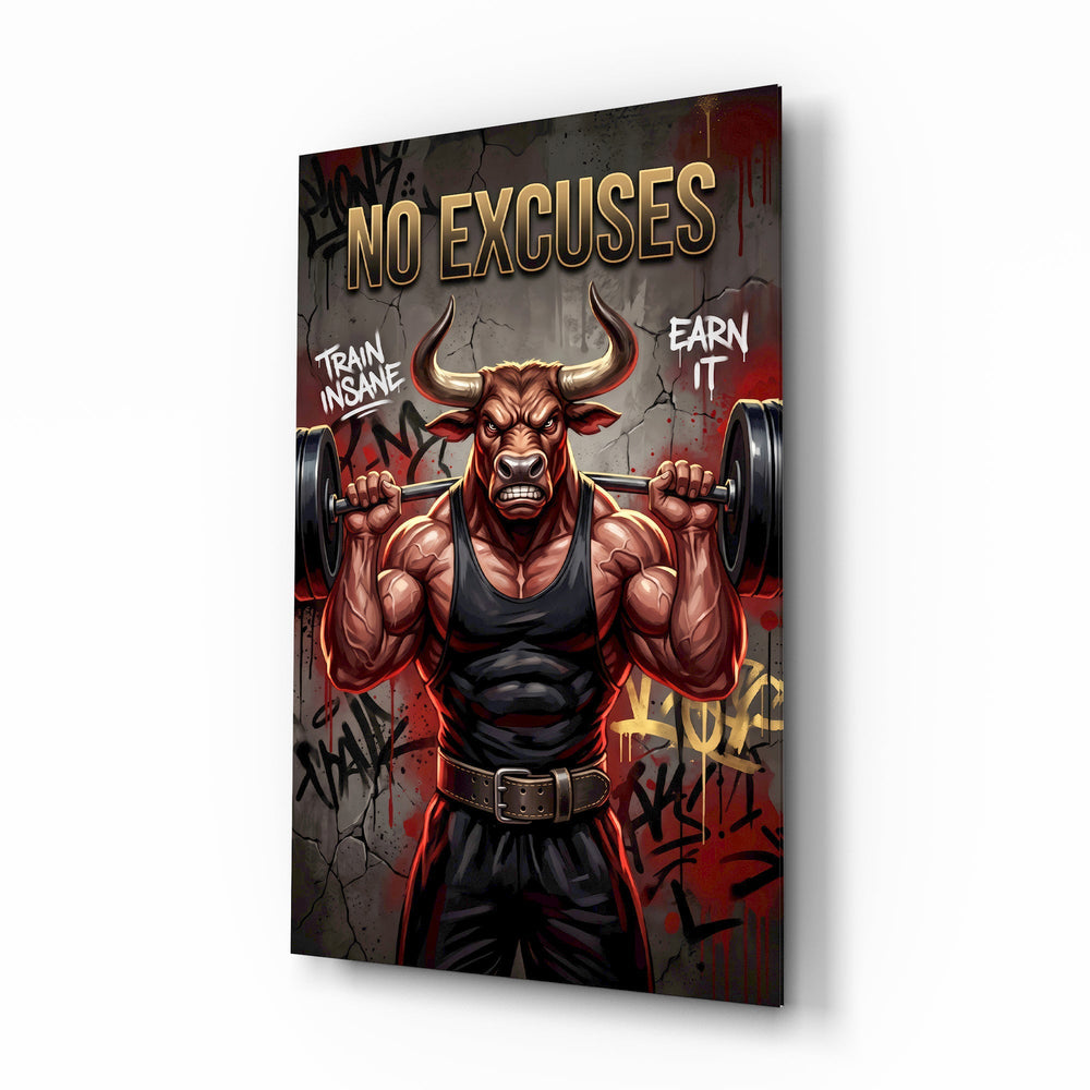 No Excuses Weightlifting Bull Glass Wall Art