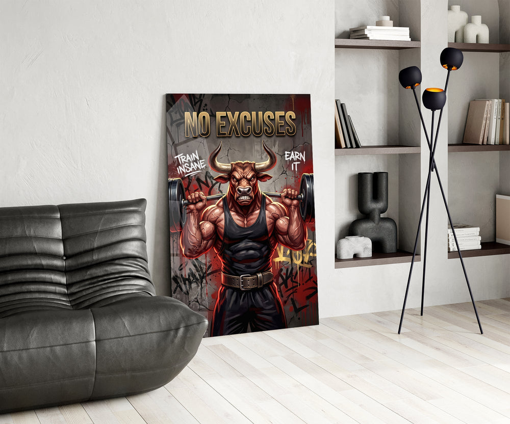 No Excuses Weightlifting Bull Glass Wall Art