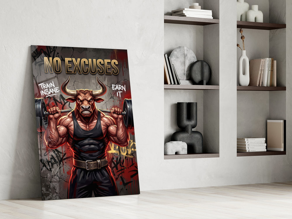 No Excuses Weightlifting Bull Glass Wall Art