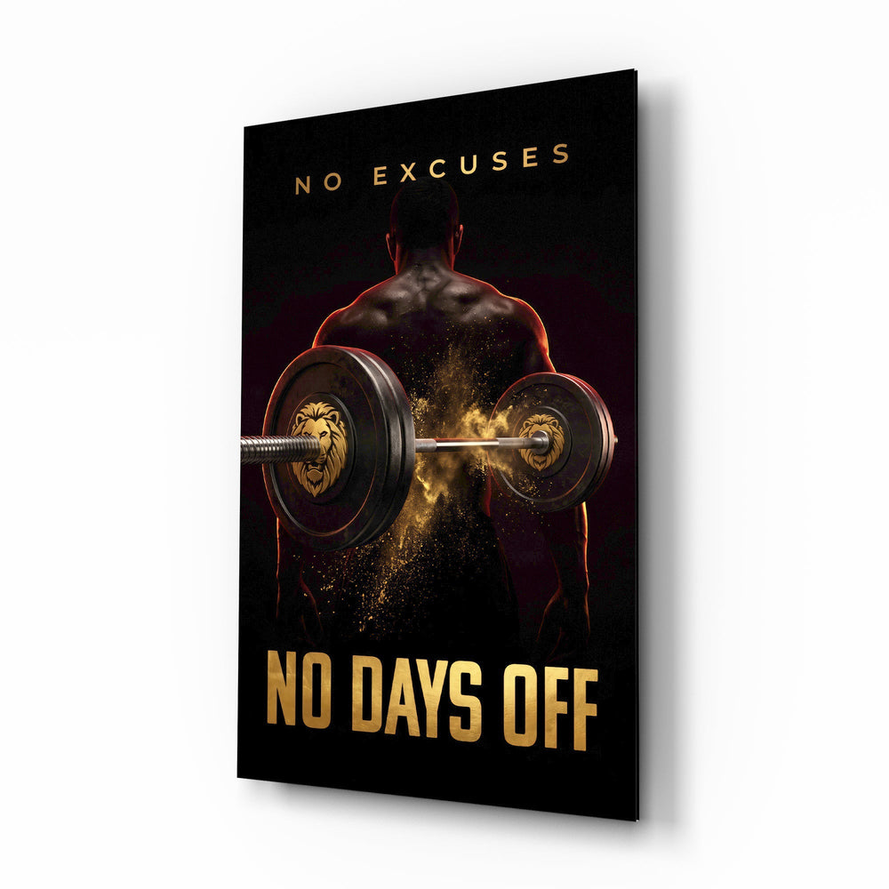 No Days Off Gold Barbell Gym Glass Wall Art