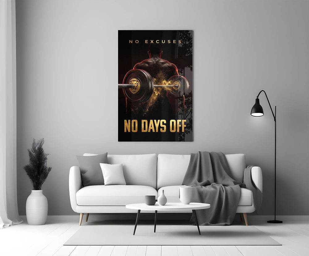 No Days Off Gold Barbell Gym Glass Wall Art
