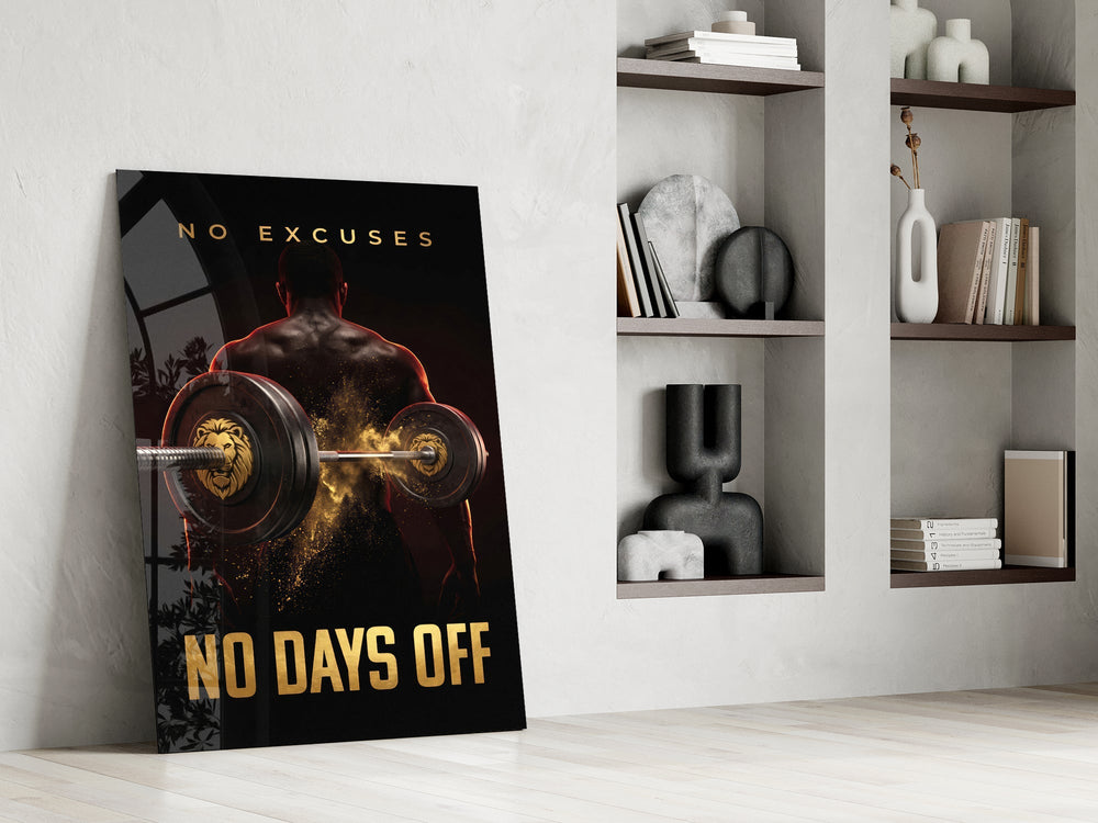 No Days Off Gold Barbell Gym Glass Wall Art