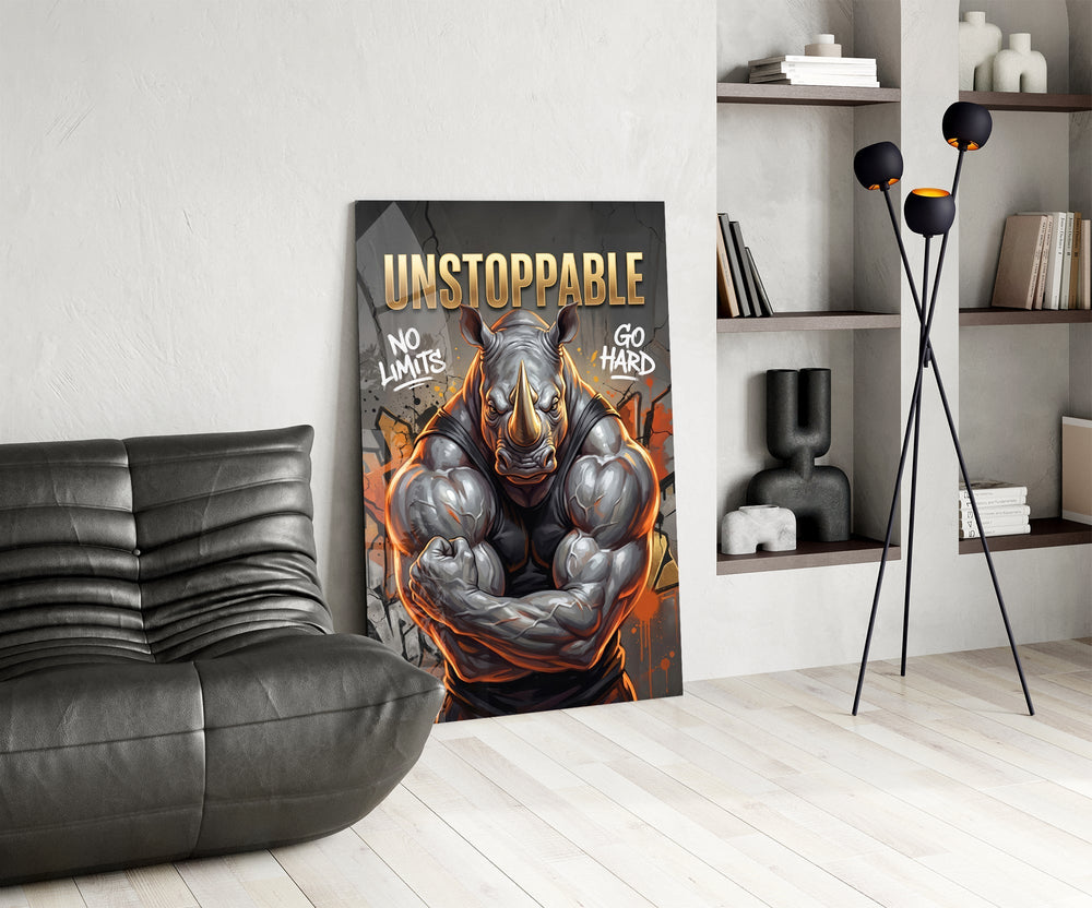 Unstoppable Muscular Rhino Glass Wall Art