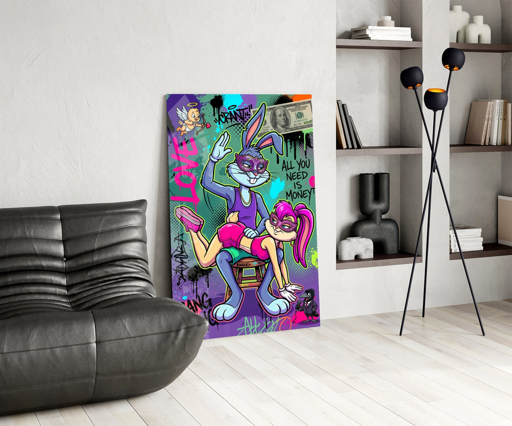 Love and Money Cartoon Rabbit Pop Art Glass Wall Art