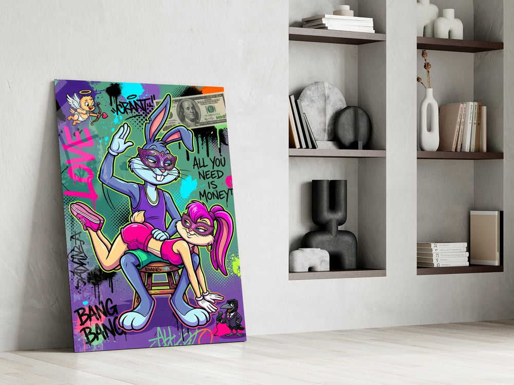 Love and Money Cartoon Rabbit Pop Art Glass Wall Art