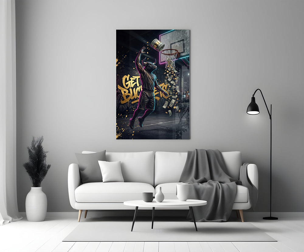 Get Buckets Bull Baller Money Dunk Glass Wall Art