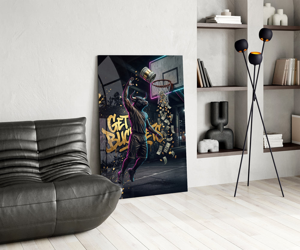 Get Buckets Bull Baller Money Dunk Glass Wall Art