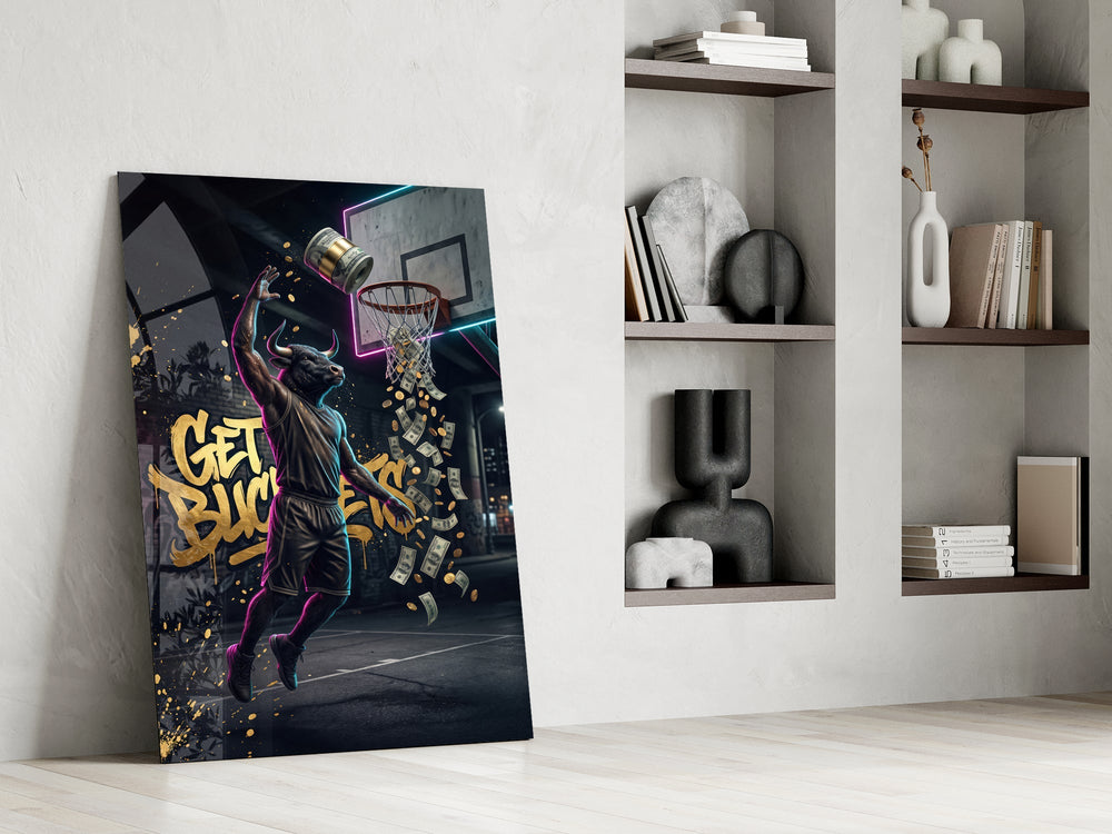 Get Buckets Bull Baller Money Dunk Glass Wall Art