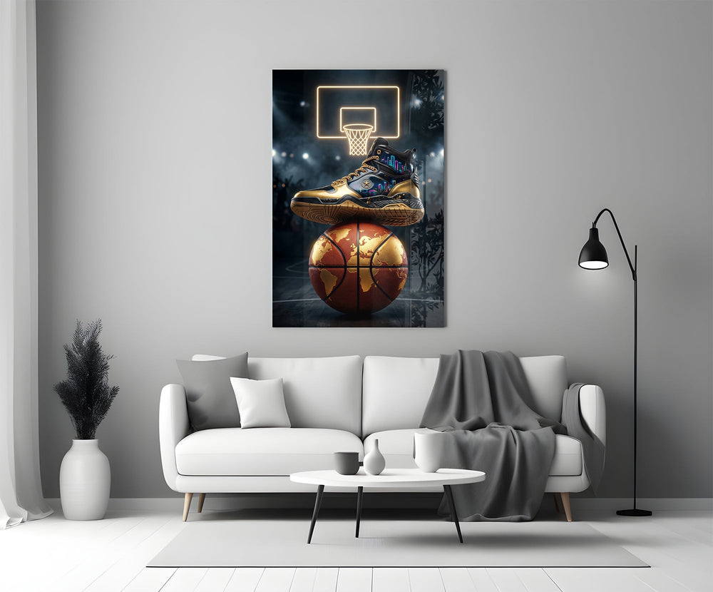 Gold High-Top Sneaker World Basketball Glass Wall Art