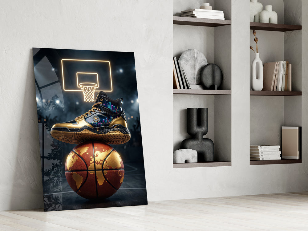 Gold High-Top Sneaker World Basketball Glass Wall Art