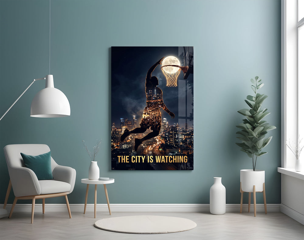 The City Is Watching Moonlit Slam Dunk Glass Wall Art