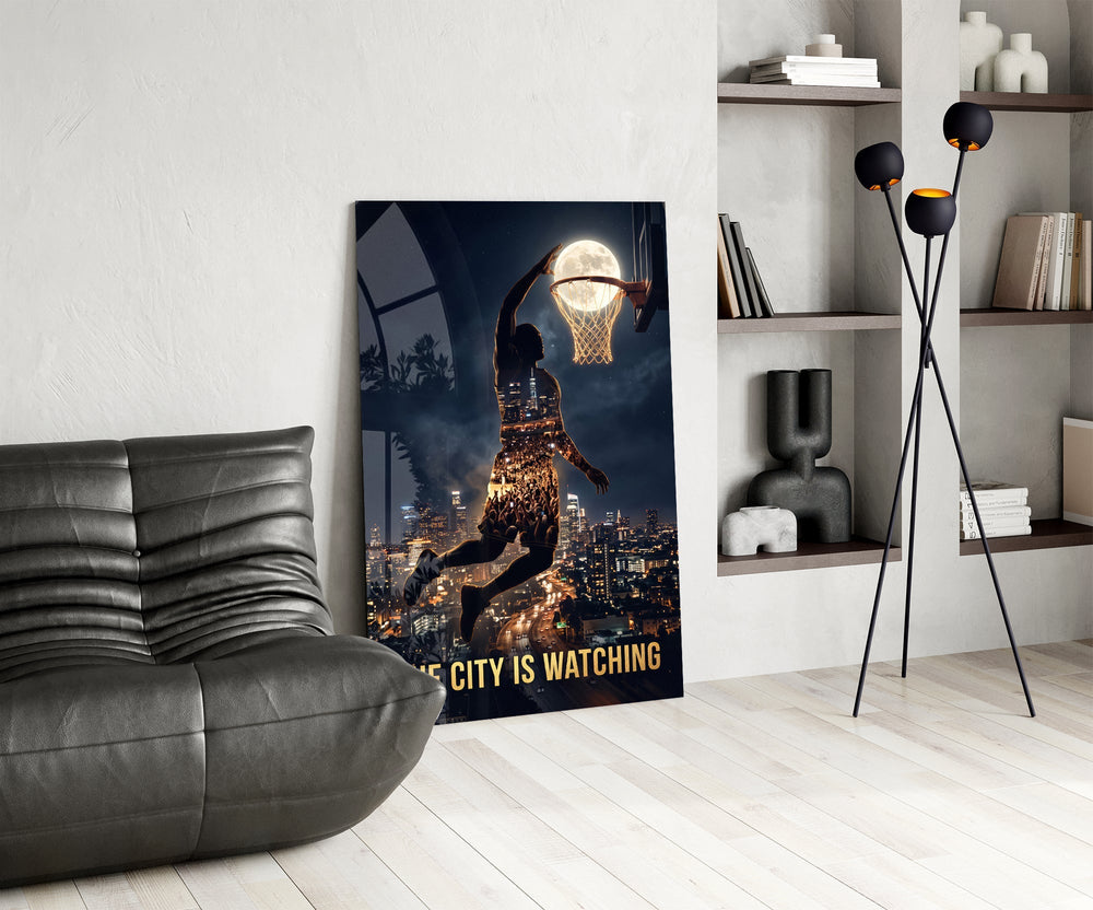 The City Is Watching Moonlit Slam Dunk Glass Wall Art