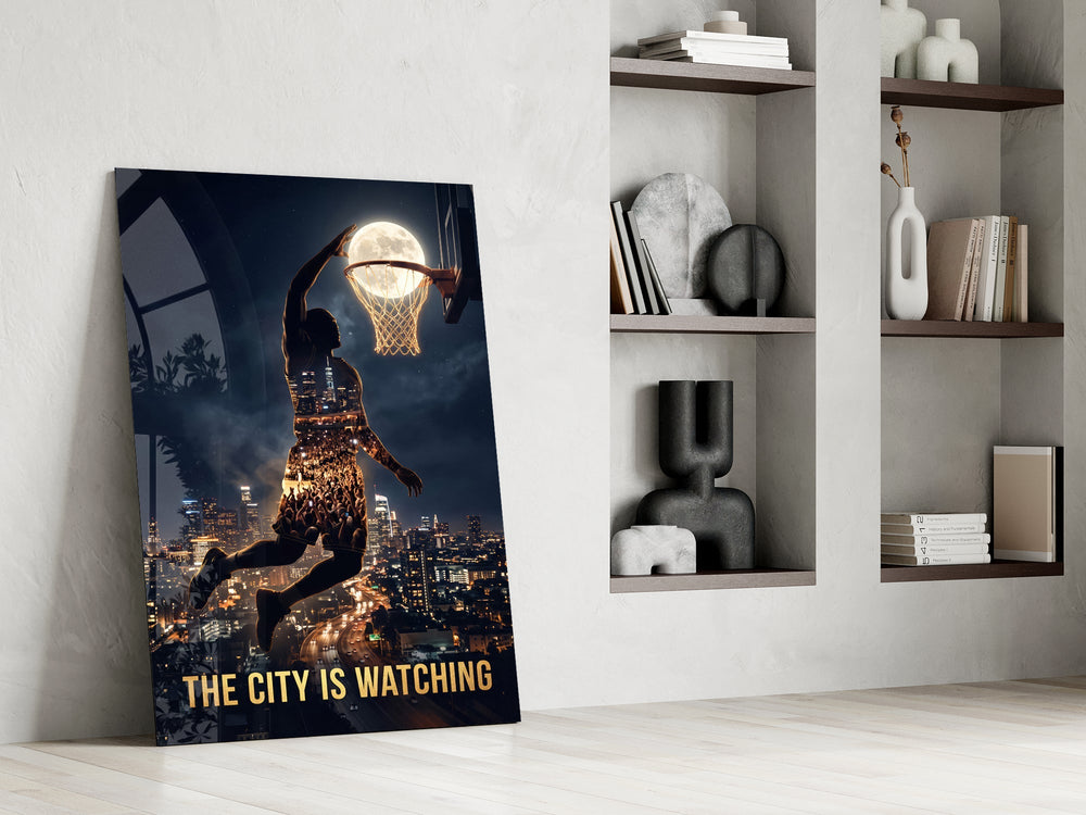 The City Is Watching Moonlit Slam Dunk Glass Wall Art