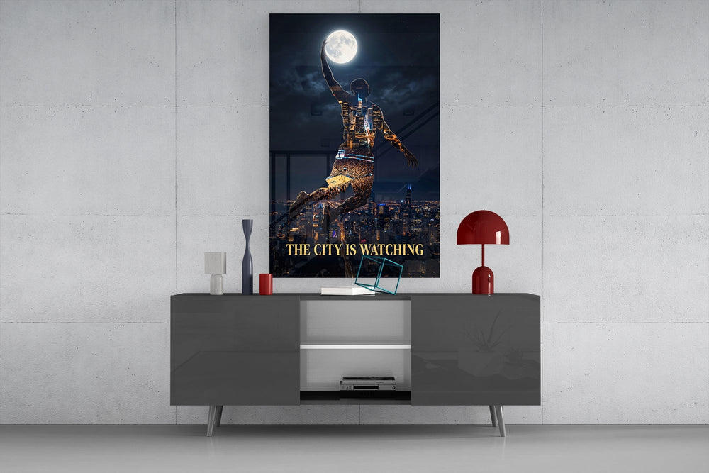 Palming The Moon City Skyline Glass Wall Art