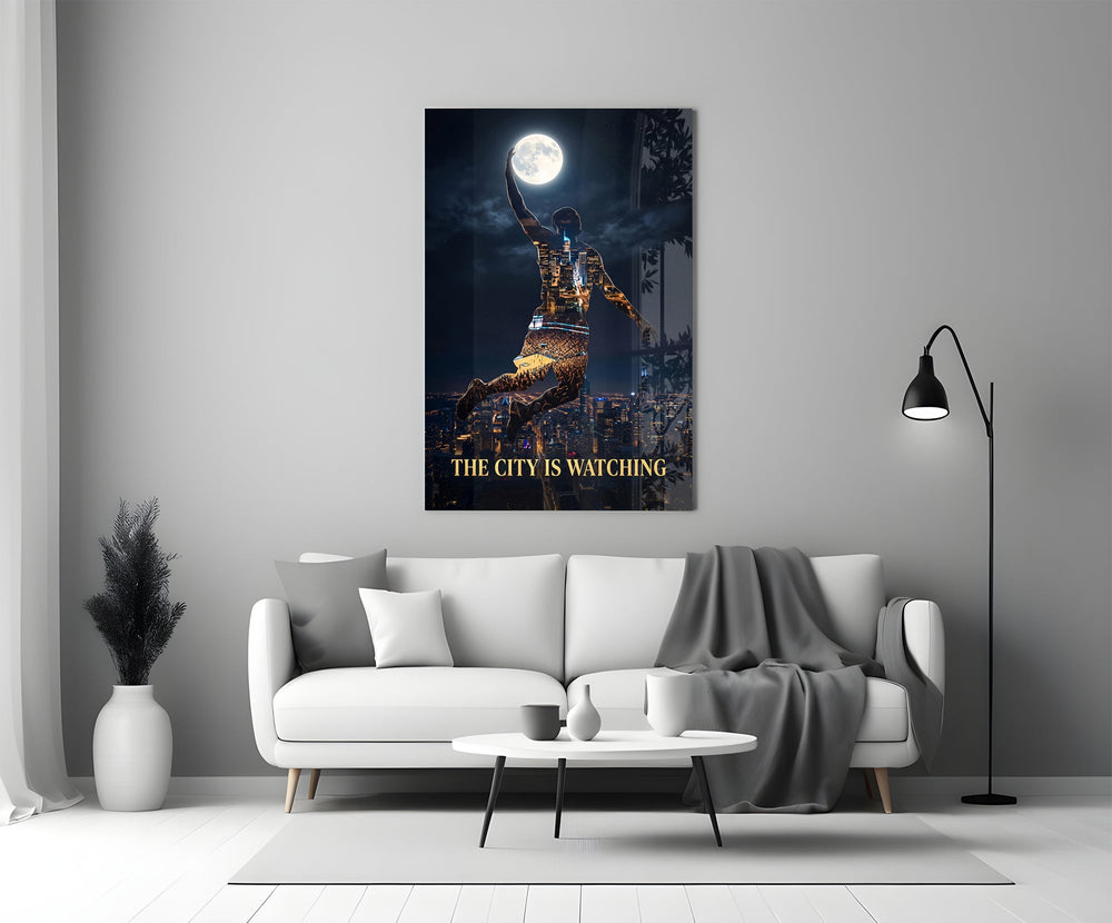 Palming The Moon City Skyline Glass Wall Art